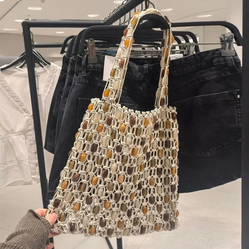 Woven Contrasting Cotton Tote Bag for Women – Fashionable Designer Shopping & Beach Bag