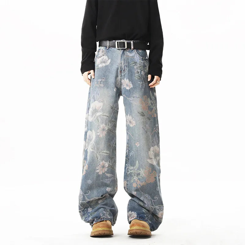American Hip Hop Retro Floral Print Wide-Leg Jeans – Unisex Couples Loose Straight Leg Denim Pants | Blue | S–XXXL | FBA Vibes
