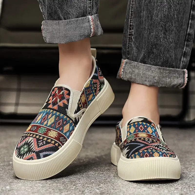 FBA Men's Canvas Printing Thick Platform Retro Sneakers | Elegant Breathable Casual Shoes