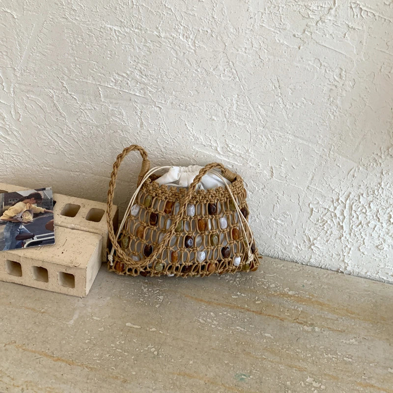 Handmade Woven Beaded Lattice Bag with Wooden Handle – Openwork Shoulder Tote