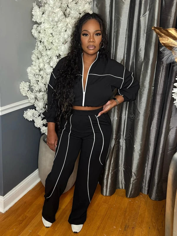 Women's 2-Piece Striped Sport Jogger Set – Stand Collar Zip Jacket & Ankle-Length Pants | FBA Vibes