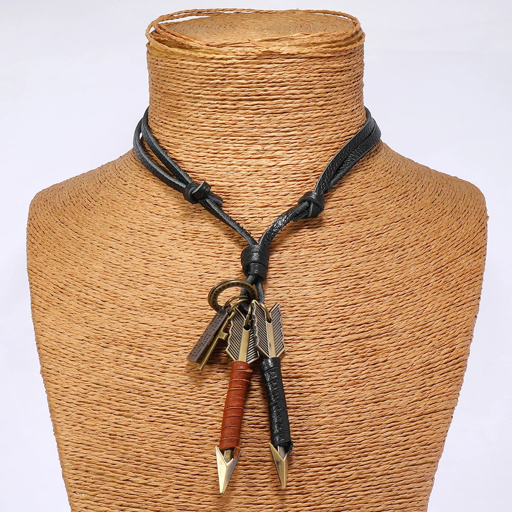 FBA Handmade Leather Double Arrow Pendant Necklace | Boho Artisan Jewelry