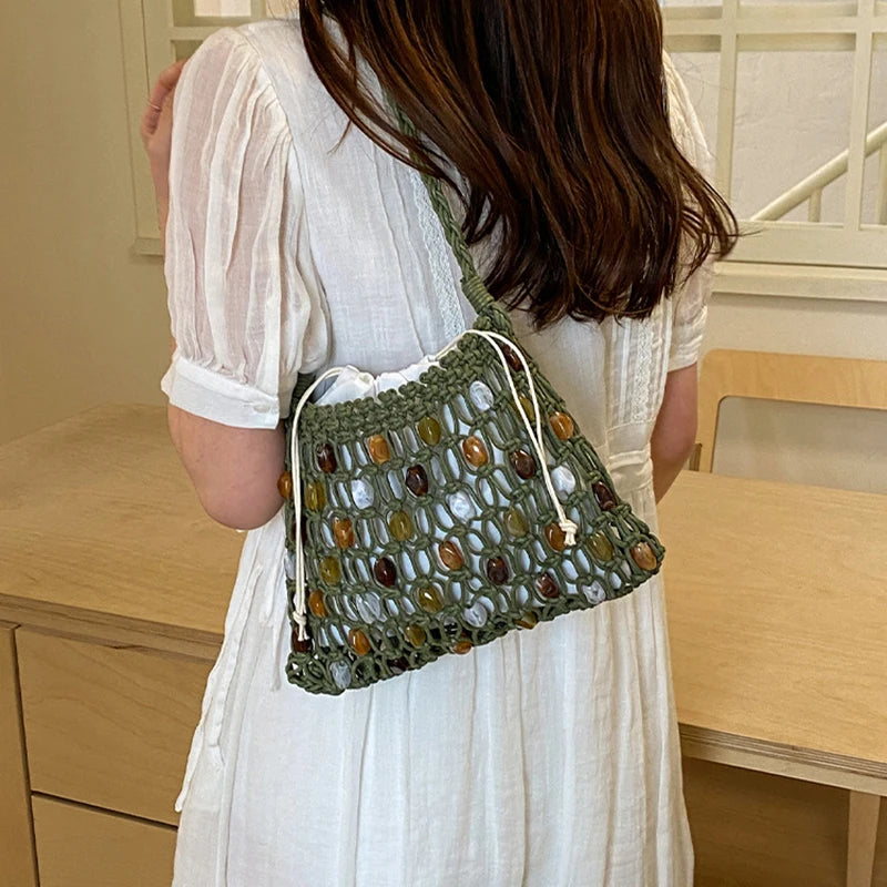 Handmade Woven Beaded Lattice Bag with Wooden Handle – Openwork Shoulder Tote