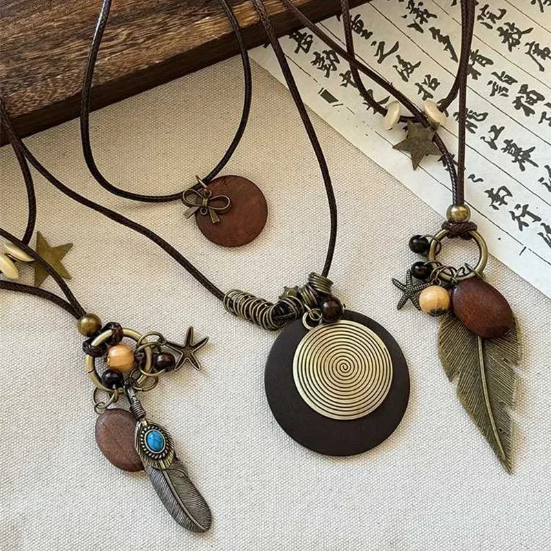 FBA Star Feather Leather Pendant Necklace | Retro Art Jewelry
