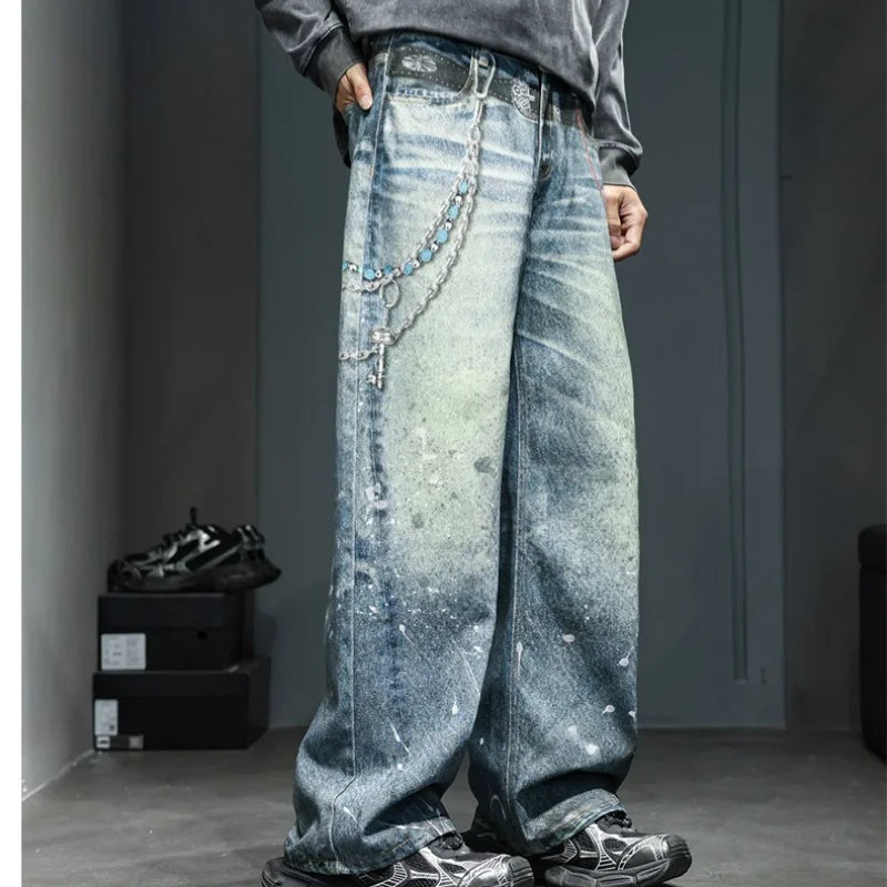 Men's American Retro Washed Distressed High Waist Straight Leg Loose Jeans – Chain Print Streetwear Denim | S–XXL | FBA Vibes