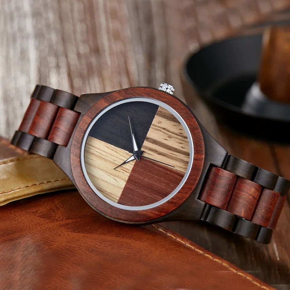 FBA Men's Double Color Plaid Wood Watch | Business Casual Wooden Wristwatch