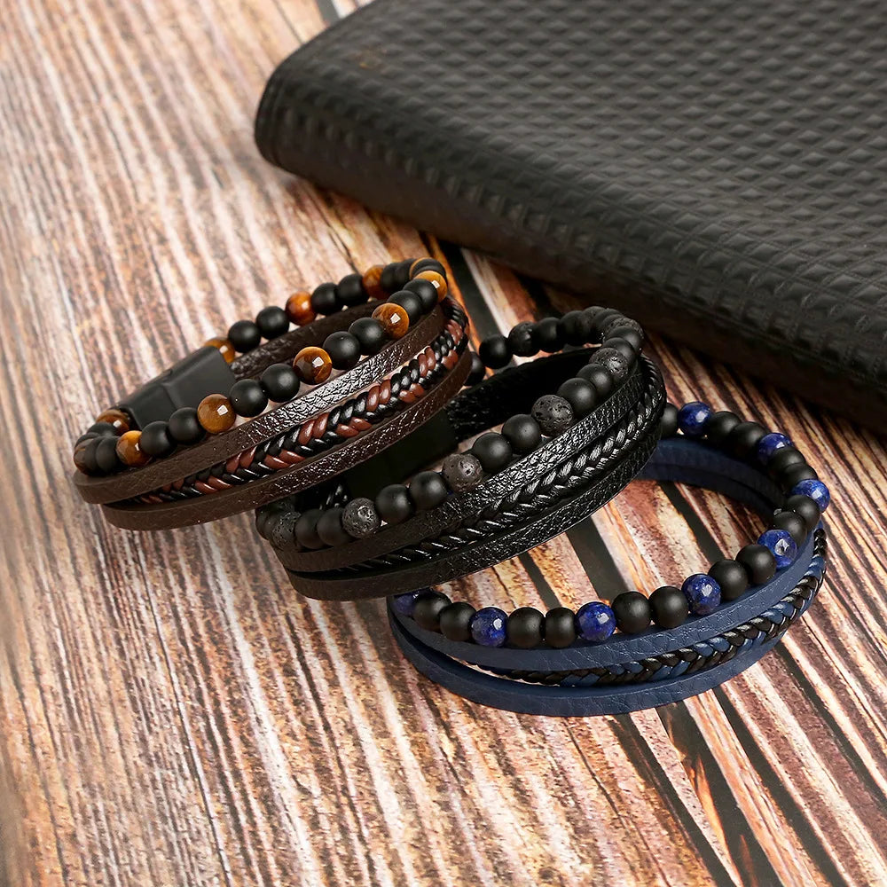 FBA Vintage Leather Magnetic Buckle Men's Bracelet | Handwoven Jewelry