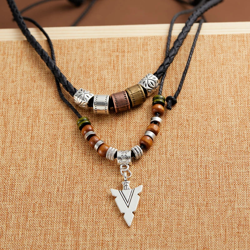 FBA Hip Hop Tribal Arrow Pendant Double Beaded Necklace | Men's Retro Jewelry