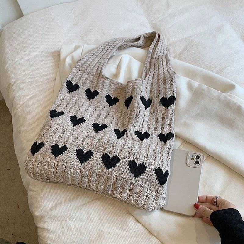 Love Heart Graphic Knitted Crochet Tote Bag – Aesthetic Woven Shoulder Bag for Women