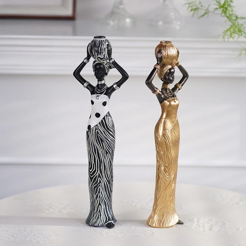 African Woman Resin Statue | Tribal Lady Figurine in Black & Gold for Living Room & Home Decor
