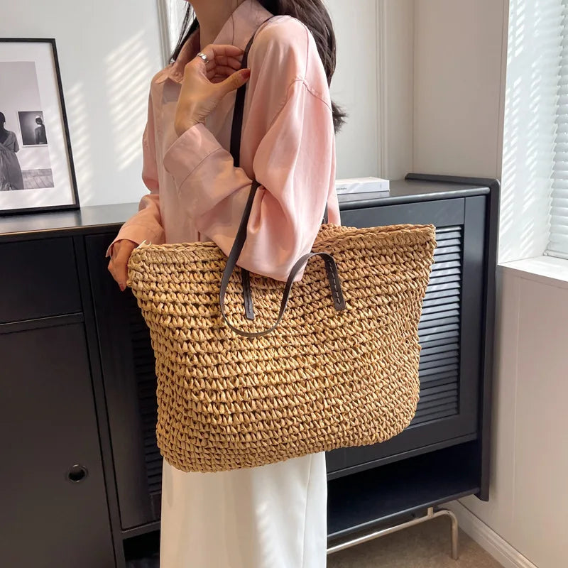 Casual Straw Woven Bucket Tote Bag for Women – Large Capacity Beach & Shopping Shoulder Bag