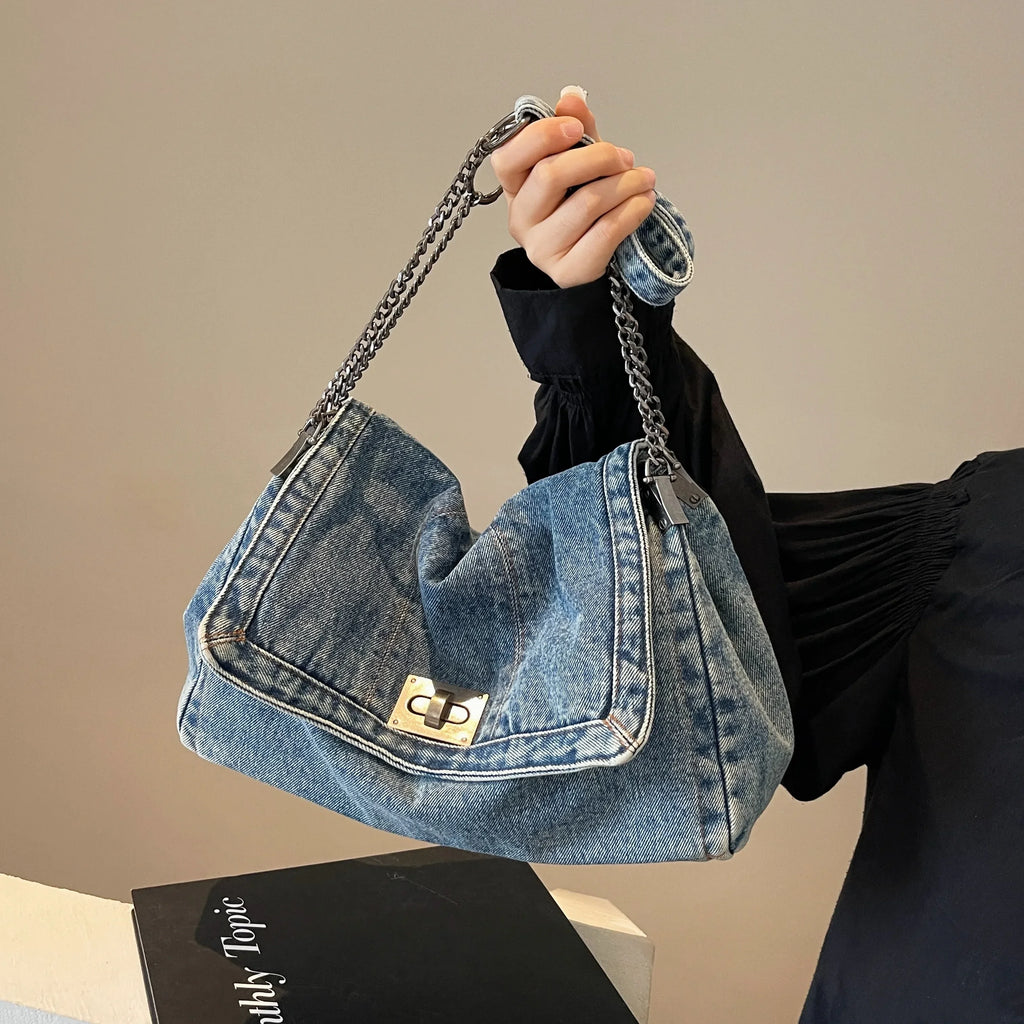 Women's Denim Tote Bag – Large Capacity Casual Commuter Shoulder & Crossbody Bag