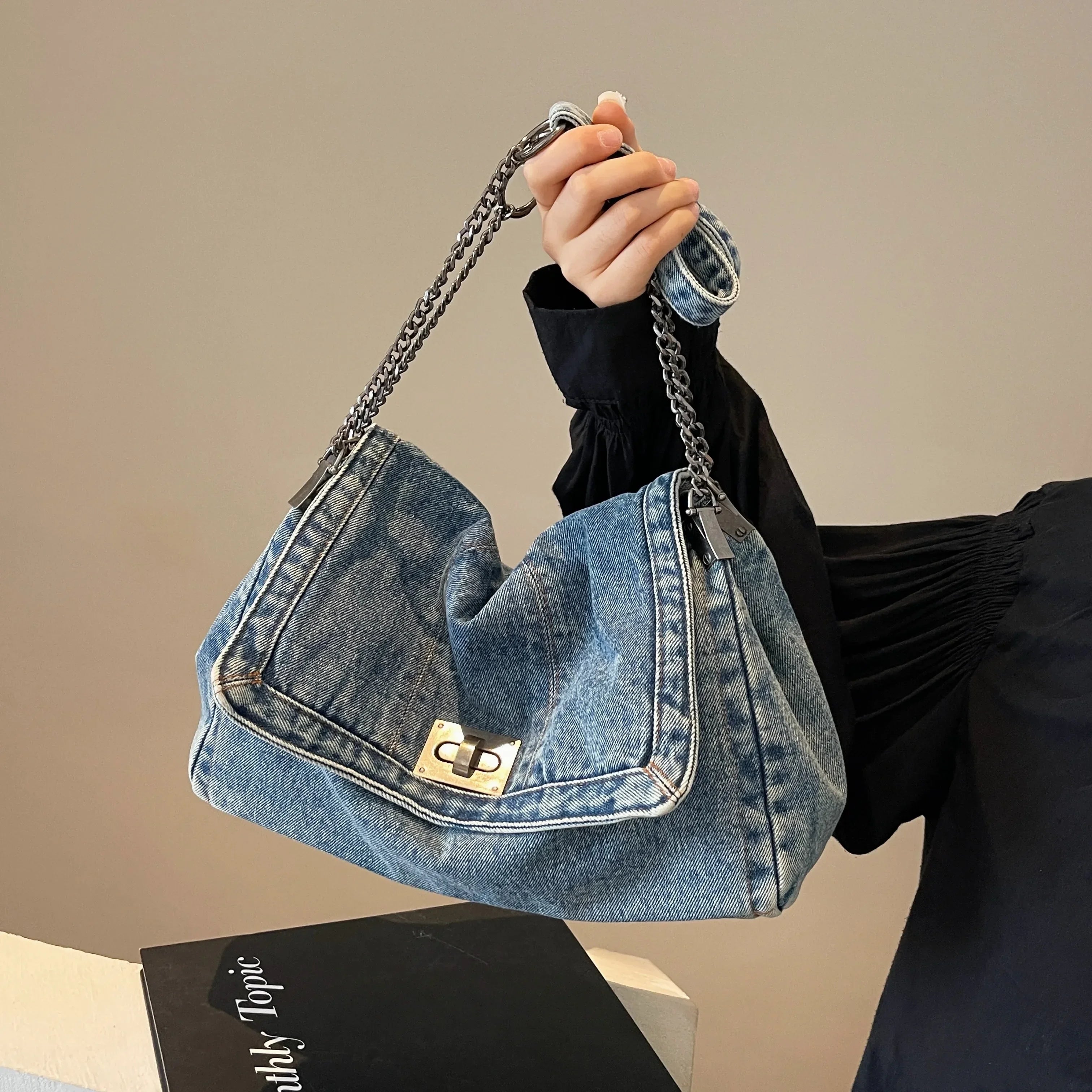 Women's Denim Tote Bag – Large Capacity Casual Commuter Shoulder & Crossbody Bag