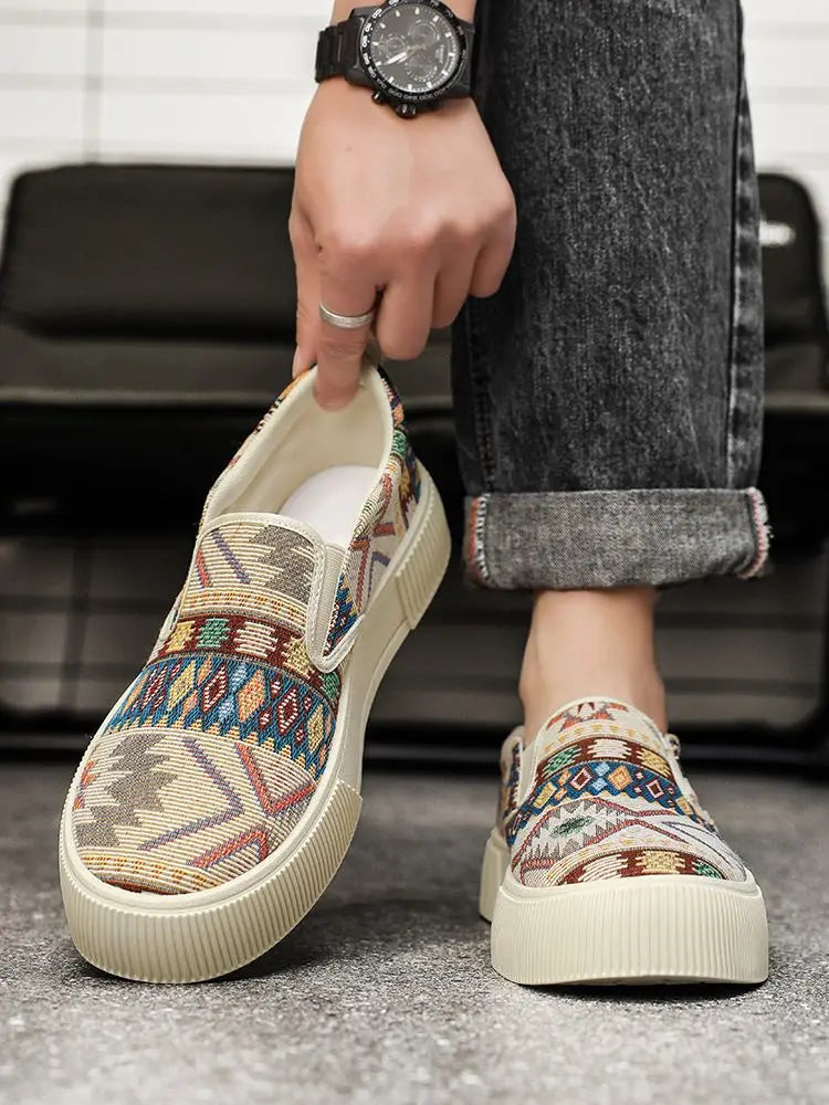 FBA Men's Canvas Printing Thick Platform Retro Sneakers | Elegant Breathable Casual Shoes