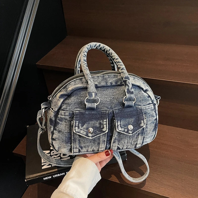 Denim Crossbody Satchel Bag for Women – Vintage Style Small Shoulder Handbag