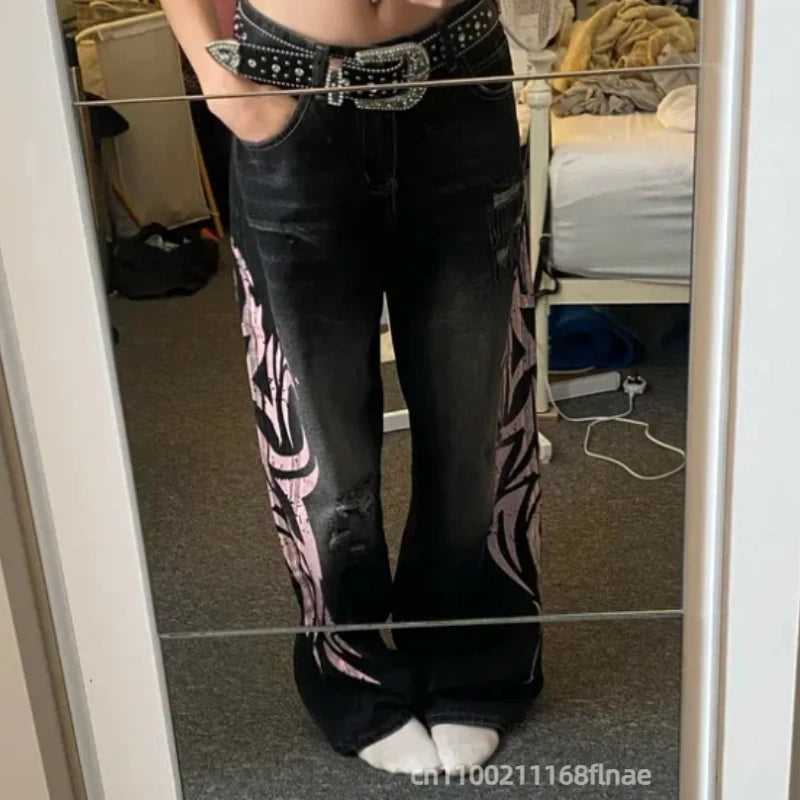 Women's American Retro Mottled Totem Print High Waist Wide-Leg Jeans – Japanese Hip Hop Streetwear Loose Denim | Blue & Black | S–XXXL | FBA Vibes