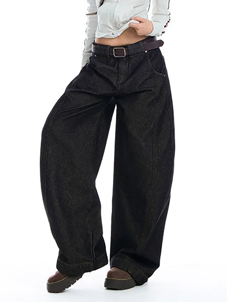 Women's American Retro High Waist Wide-Leg Floor Length Jeans – Harajuku Baggy Denim Trousers | Black | XS–XL | FBA Vibes