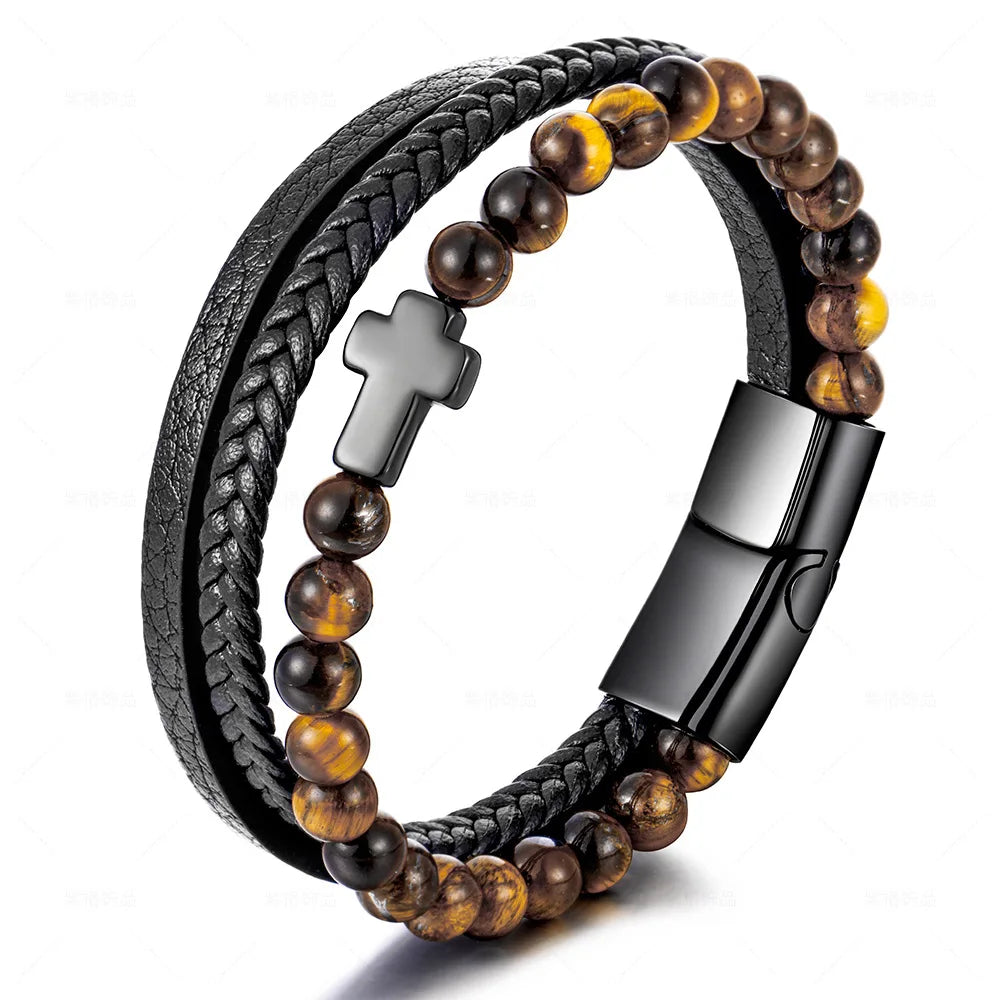 FBA Prayer Rosary Cross Natural Stone Leather Bracelet | Yoga Meditation Jewelry