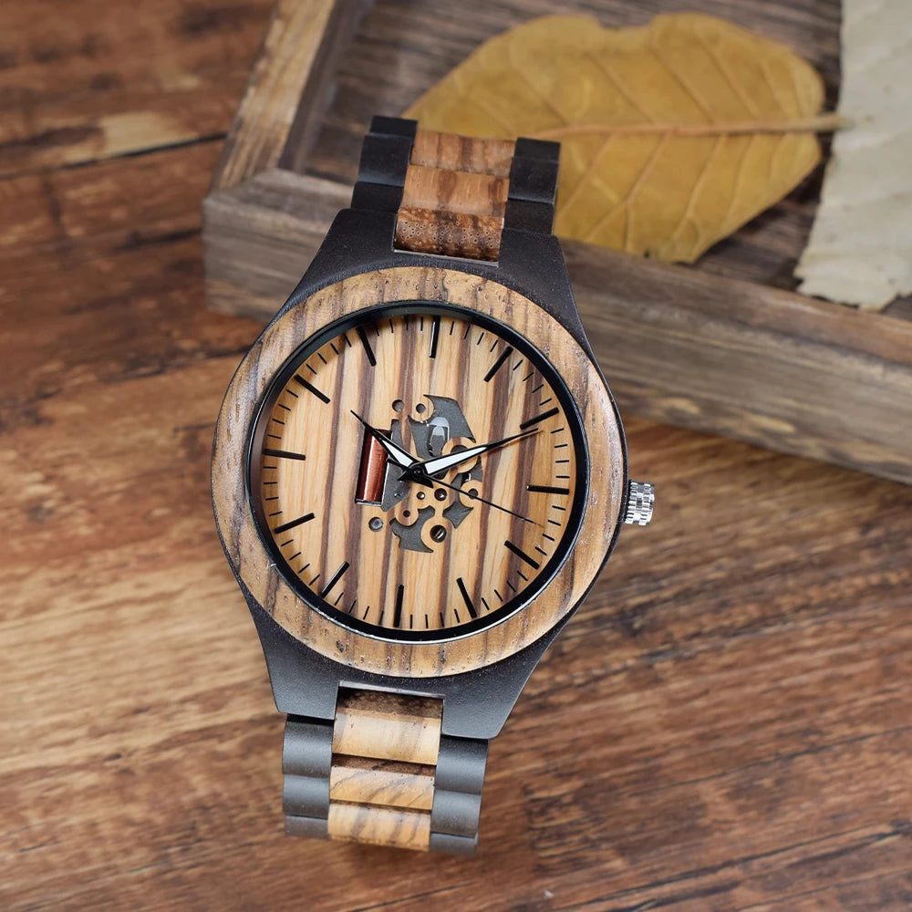 FBA Men's Zebra Wood Hollow-Out Watch | Luminous Vintage Quartz Wristwatch