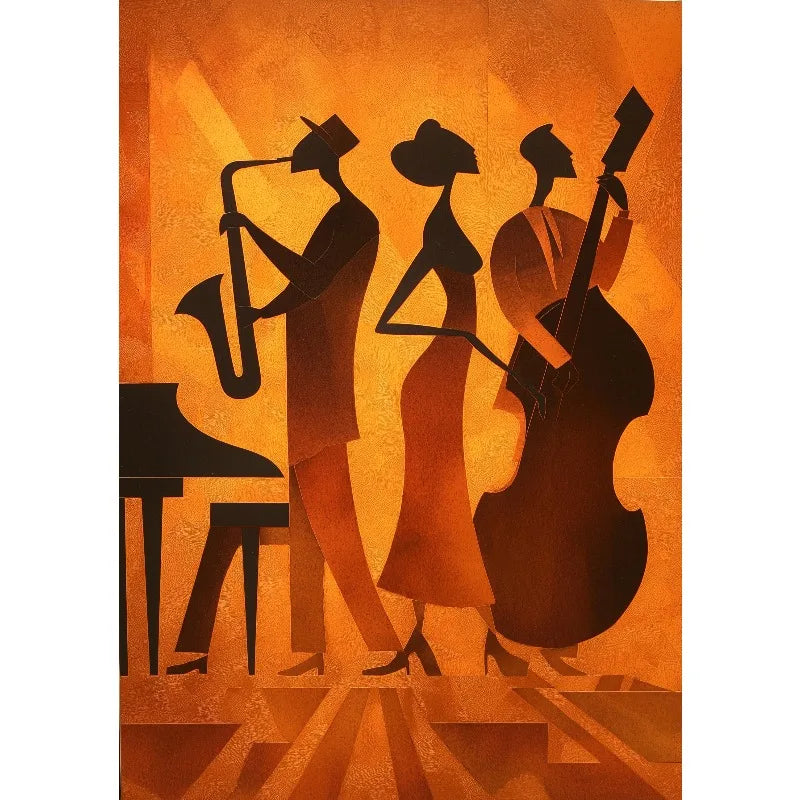 Retro Jazz Band African Musician Canvas Print – Art Deco Wall Art for Home Bar & Living Room