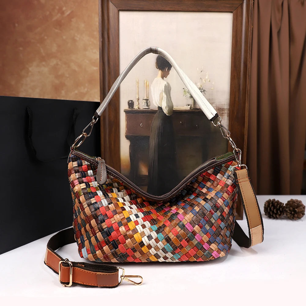 Genuine Leather Woven Tote Bag – Large Capacity Minimalist Single Shoulder & Crossbody Bag