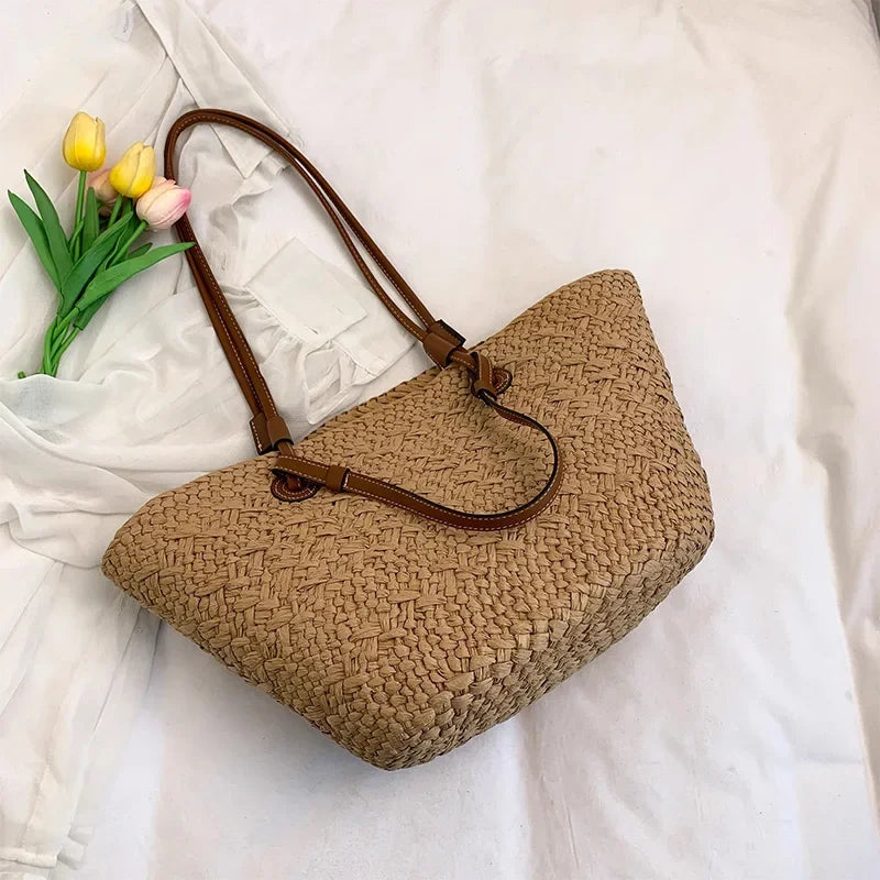 Designer Bohemian Chic Straw Woven Tote Bag – Large Capacity Beach Vacation Shoulder Handbag