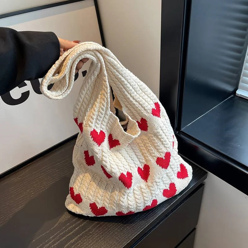 Love Heart Graphic Knitted Crochet Tote Bag – Aesthetic Woven Shoulder Bag for Women