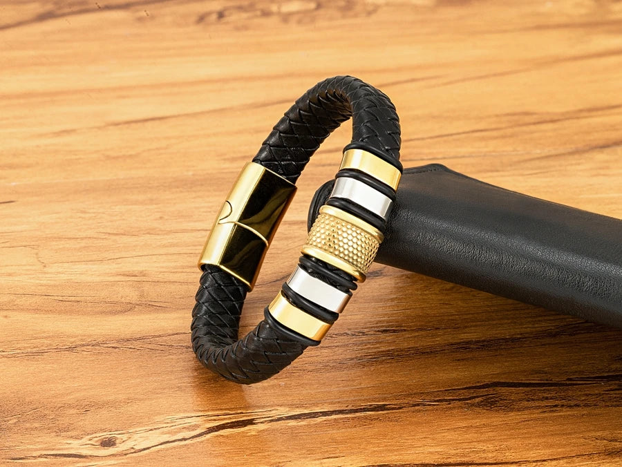 FBA Men's Stainless Steel Beaded Leather Rope Bracelet | Charm Jewelry Gift