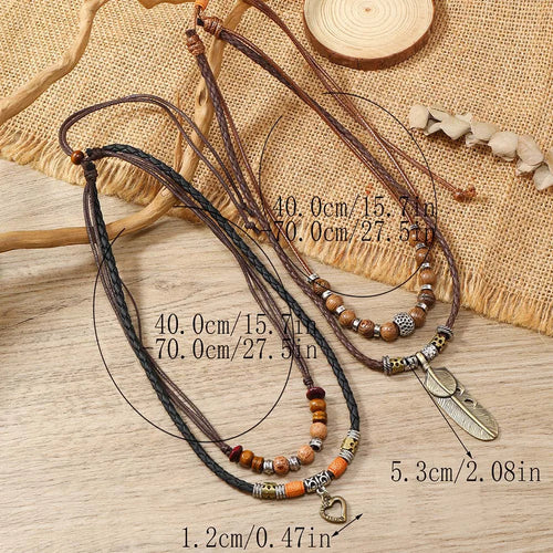 FBA Bohemian Layered Feather Leather Necklace | Ethnic Rustic Jewelry