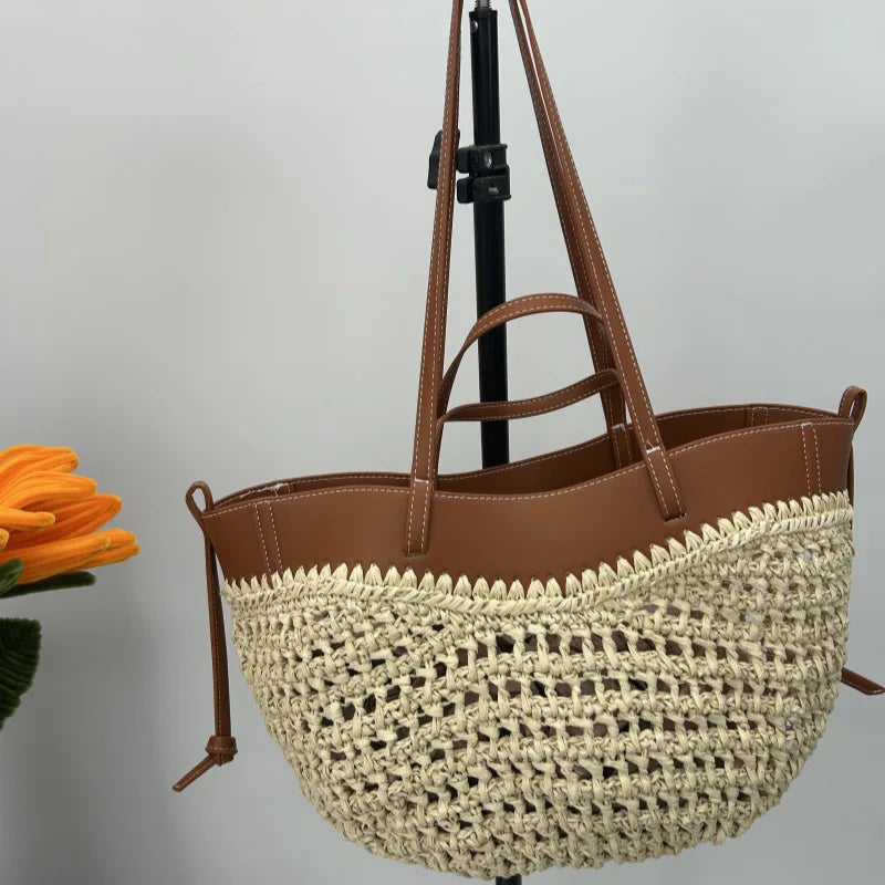 French Hand-Woven Genuine Leather Tote Bag – Large Vegetable Basket Shoulder & Underarm Bag