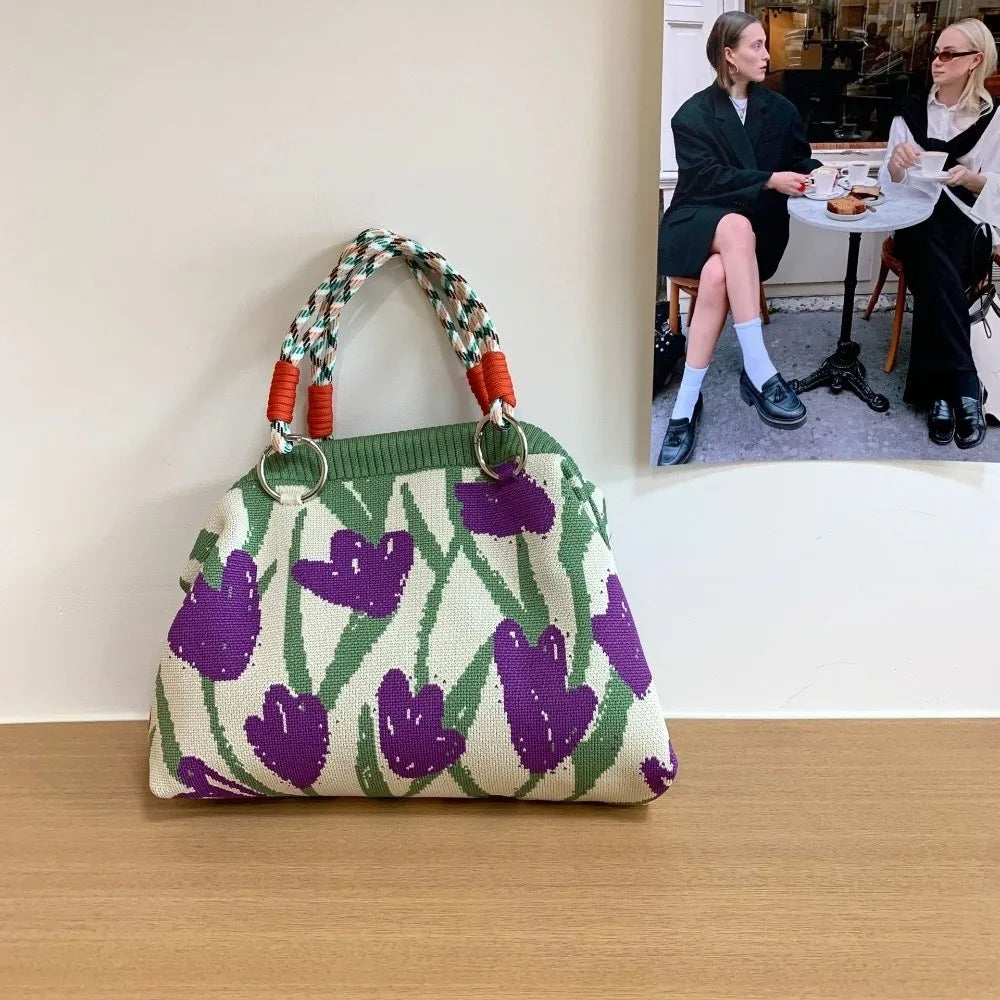 Portable Knitted Canvas Tote Bag – Reusable Large Capacity Woven Shopping Bucket Bag