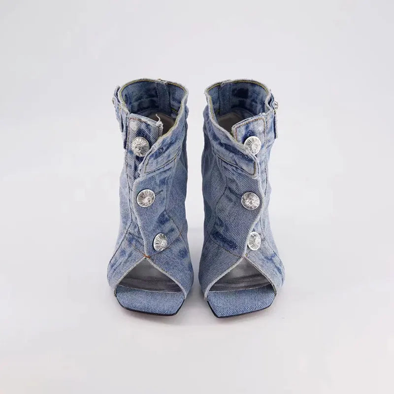 Women's Denim Peep Toe Ankle Boot — Square Toe, Ultra-High Heel, Button Detail
