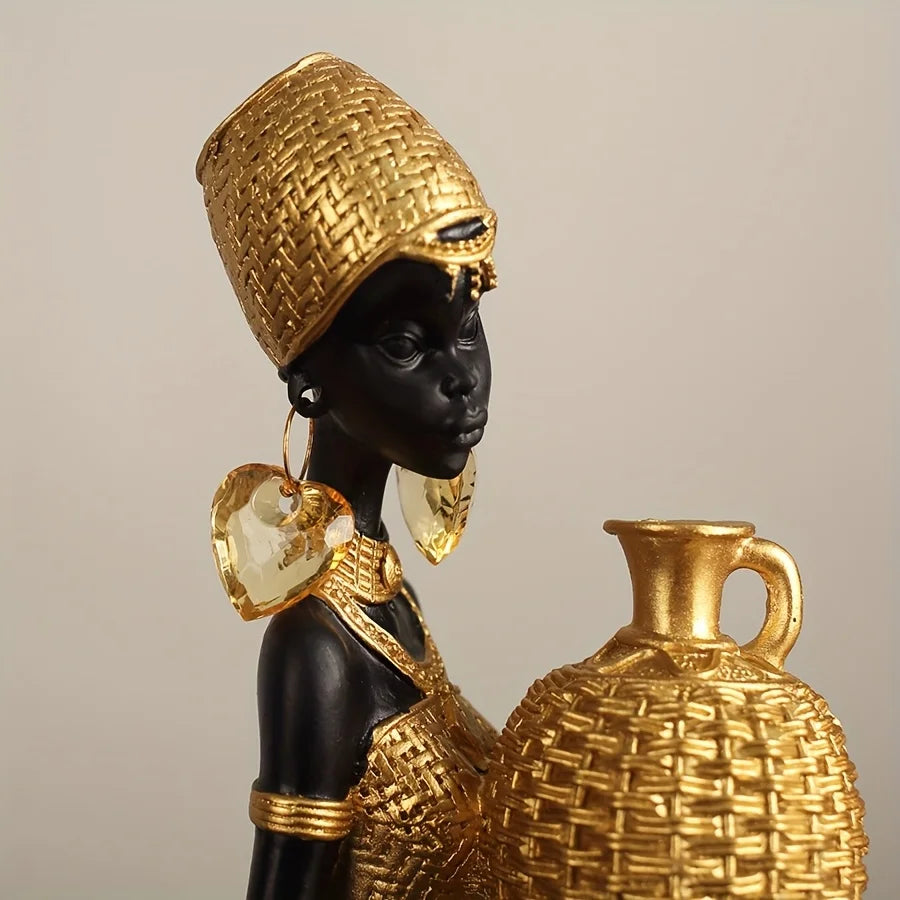 African Lady Resin Figurine | Woven Texture Sculpture in Black & Gold for Living Room & Office Decor