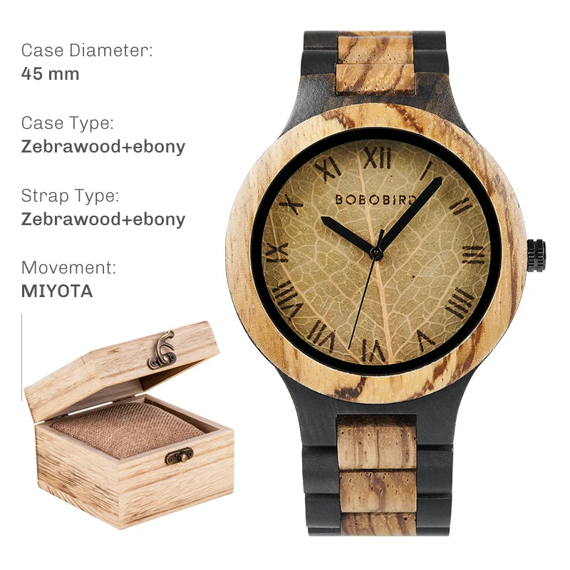 FBA Men's BOBO BIRD Genuine Leaf Wood Watch | Handmade Luxury Wooden Wristwatch