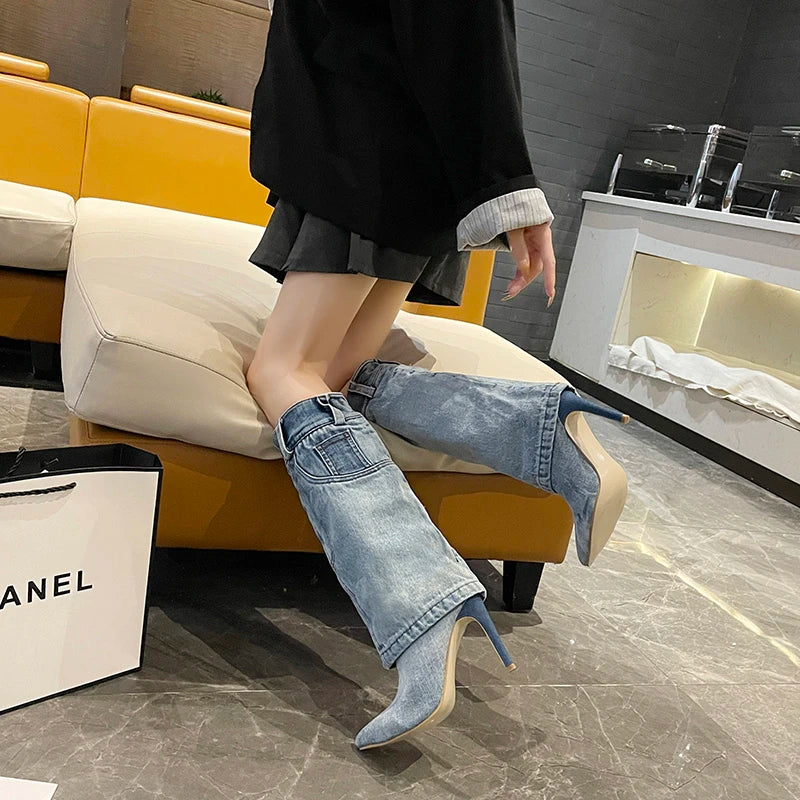 Women's Retro Blue Denim Mid-Calf Boot with High Square Heel