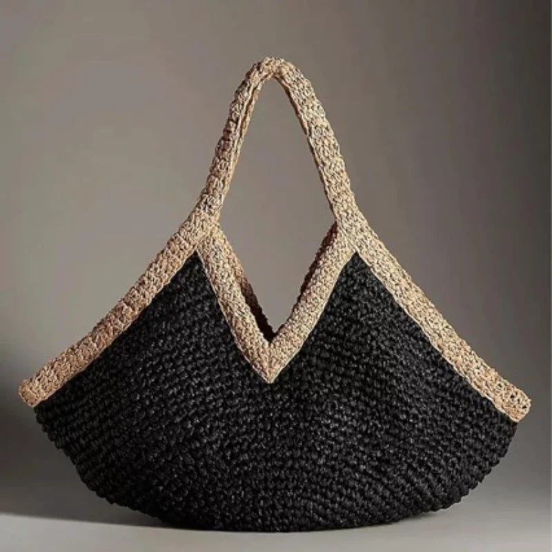 Bohemian Handmade Woven Straw Beach Bag – Vintage Crochet Rattan Tote Shoulder Purse