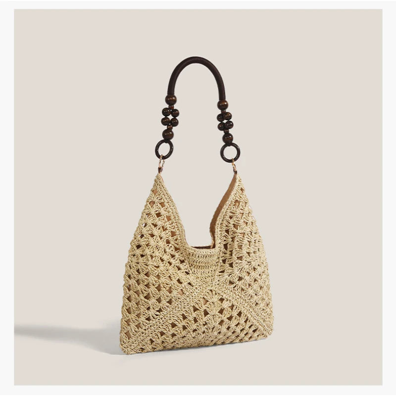 Boho Crochet Straw Tote Bag – Hollow-Out Woven Beach Shoulder Bag for Women