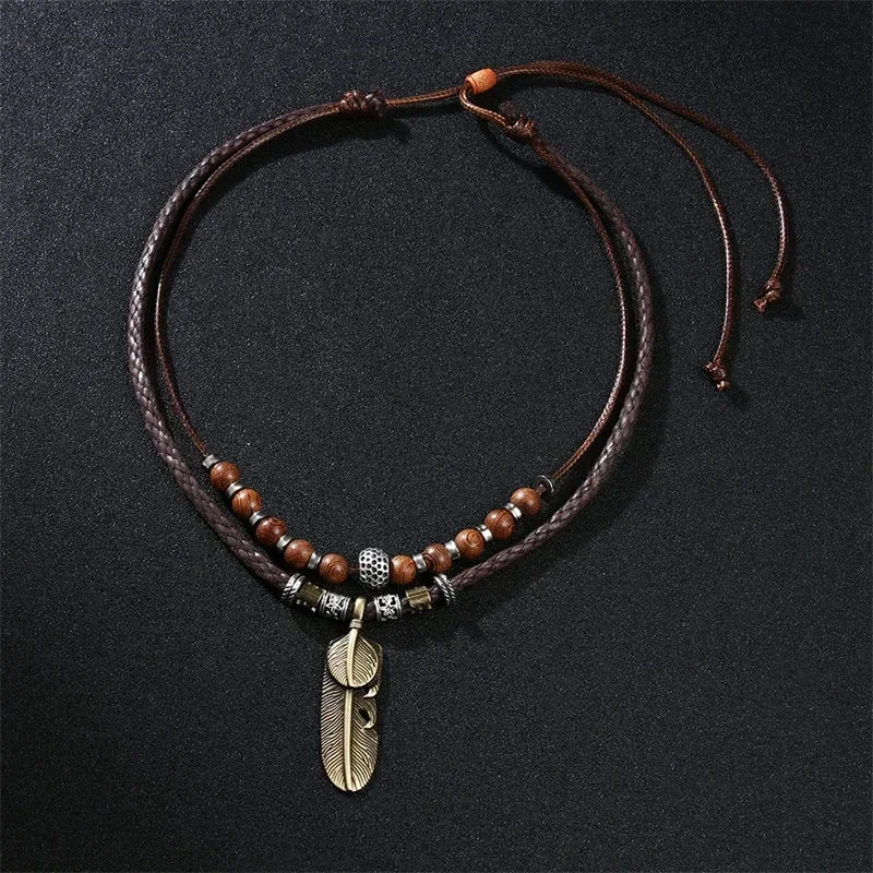 FBA Vintage Boho Leather Heart Necklace | Unisex Long Jewelry