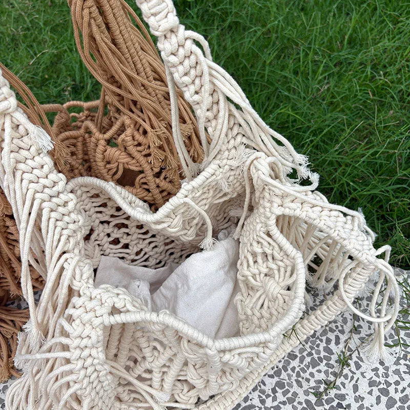 Bohemian Handmade Woven Hollow Tote Beach Bag – Linen Shoulder & Travel Bag for Women