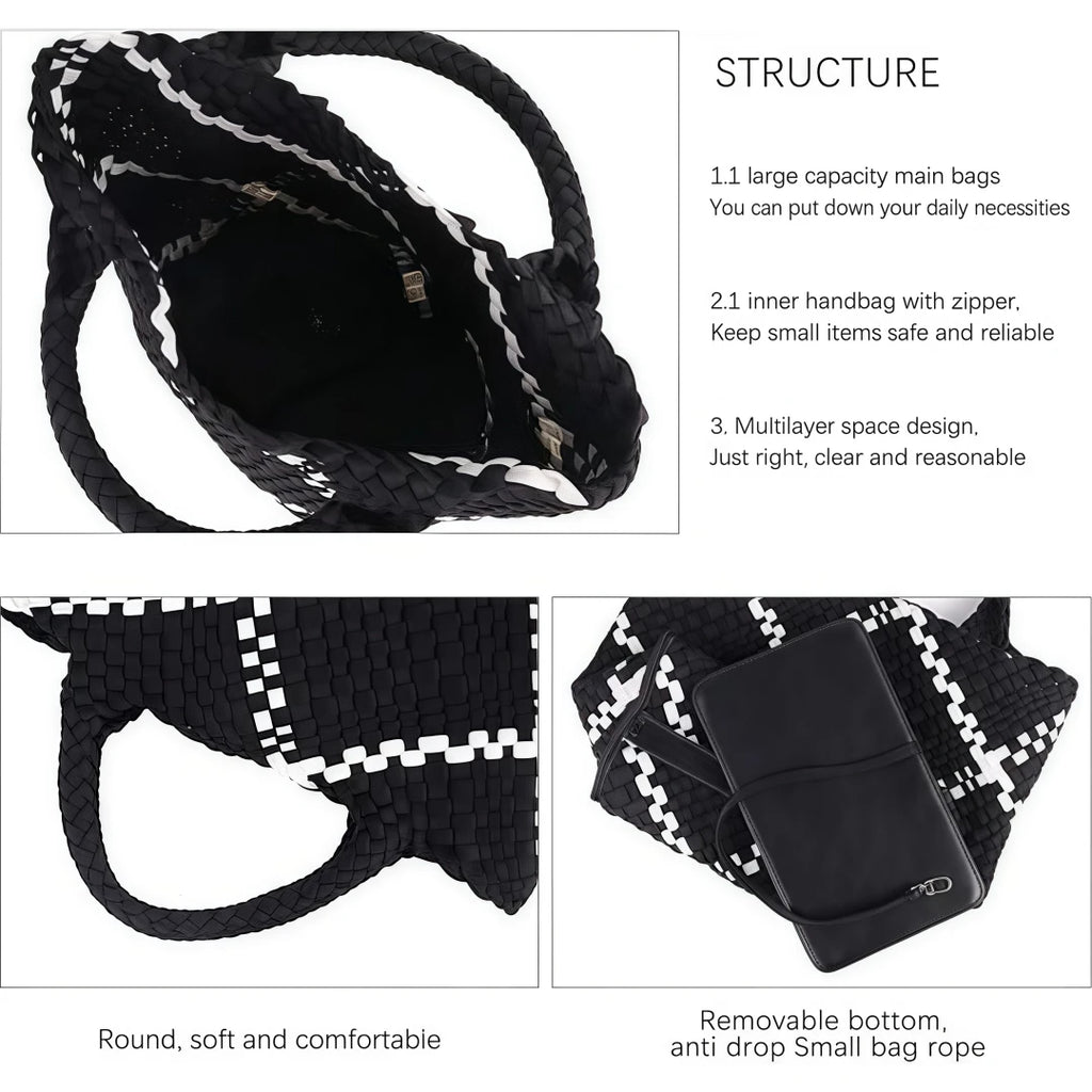 Neoprene Woven Tote Bag for Women – Waterproof Extra Large Beach Handbag & Retro Travel Shoulder Bag Set with Zipper Purse