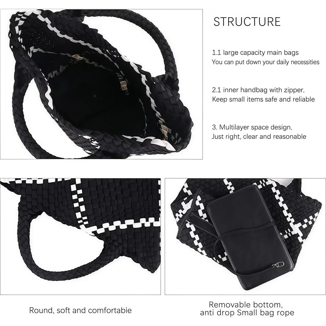 Neoprene Woven Tote Bag for Women – Waterproof Extra Large Beach Handbag & Retro Travel Shoulder Bag Set with Zipper Purse