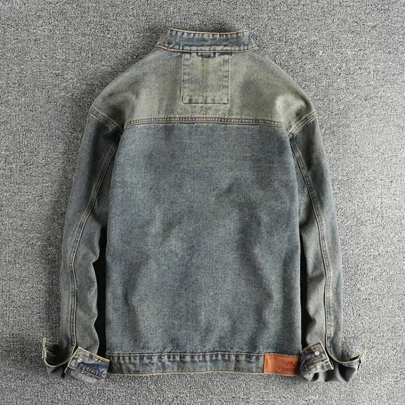 Men's American Retro Motorcycle Denim Jacket – Nostalgic Wash Stand Collar Short Coat | Denim Blue & Nostalgia Blue | L–XXXL | FBA Vibes
