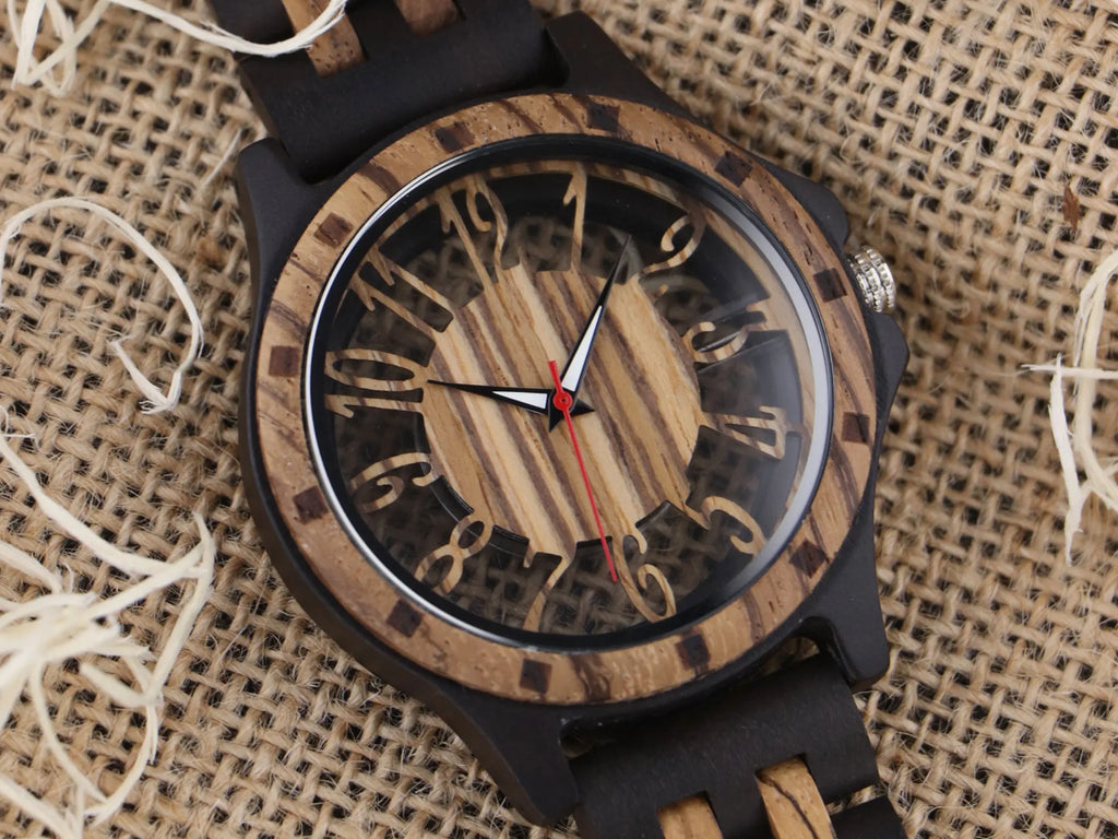 FBA Men's Natural Zebra Wood Watch | Hollow Dial Vintage Quartz Wristwatch