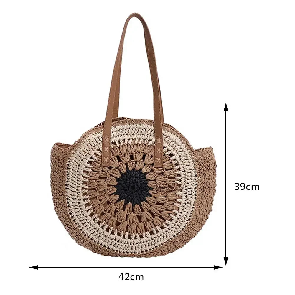 Women's Round Straw Woven Tote Bag – Large Capacity Ethnic Style Vacation Shoulder Handbag