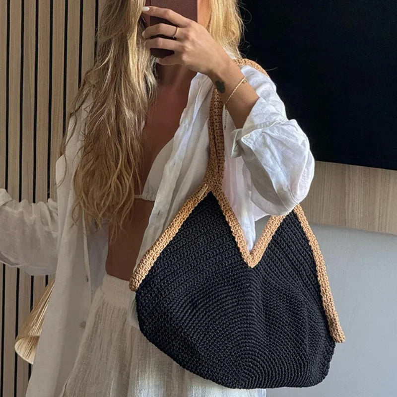 Bohemian Handmade Woven Straw Beach Bag – Vintage Crochet Rattan Tote Shoulder Purse