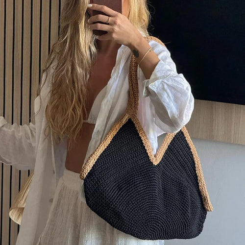 Bohemian Handmade Woven Straw Beach Bag – Vintage Crochet Rattan Tote Shoulder Purse