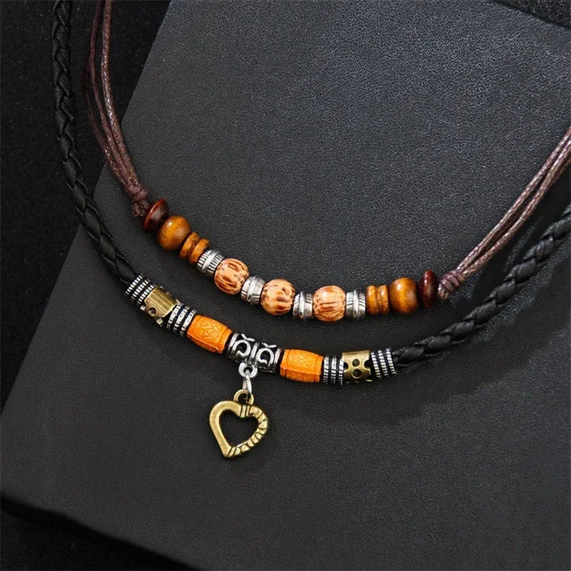 FBA Vintage Boho Leather Heart Necklace | Unisex Long Jewelry