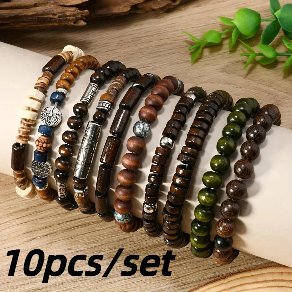 FBA 10-Piece Ethnic Wooden Beaded Bracelet Set | Boho Men's Jewelry