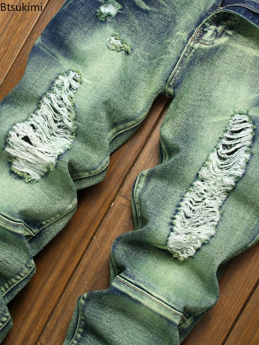 Men's Retro Hip Hop Slim Fit Patchwork Motorcycle Jeans – Pencil Trousers Distressed Streetwear Denim | Green | W28–W42 | FBA Vibes