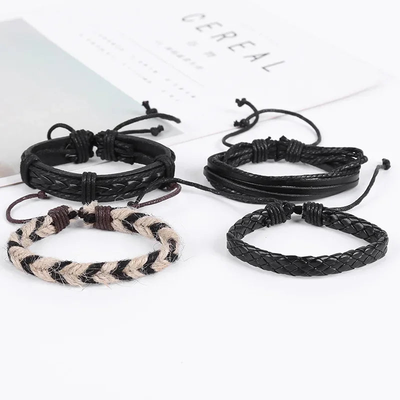 FBA 4-Piece Braided Leather Ethnic Wristband Set | Hope Believe Bracelet